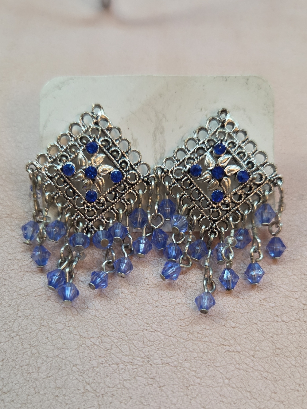 Blue Crystal Dangle Filigree Earrings - Unbranded